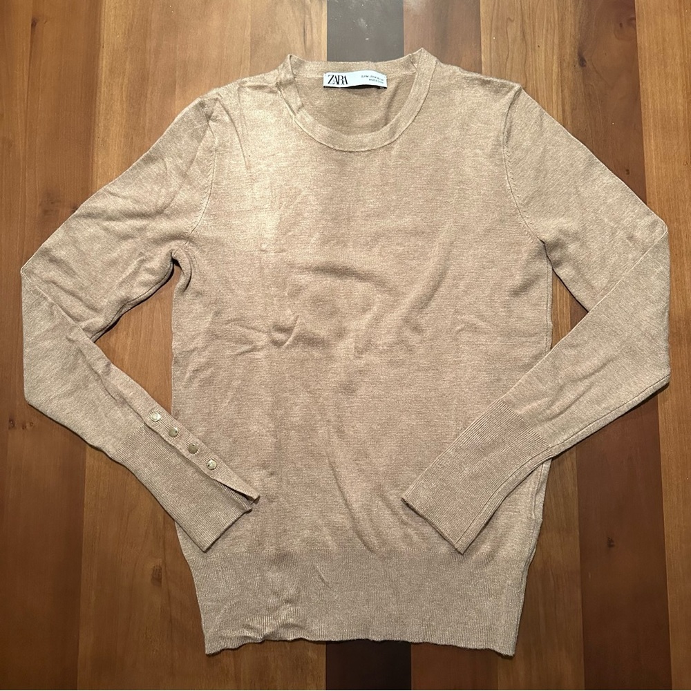 Zara Beige/Tan Knit Crewneck Sweater Top